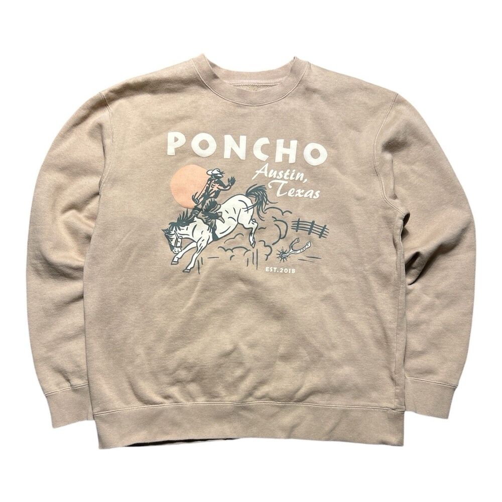 Poncho Austin Texas Cowboy Crew Neck Sweater Beige Men’s Large Graphic